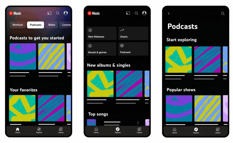 YouTube Music's Podcast demo pages. There will be promotion on the "Home" and "Explore" pages. 