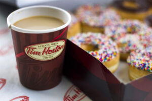 Tim Hortons donuts and coffee, from a pre-COVID era when rim-based give-aways could be controlled at the printing plant.