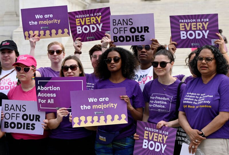 Abortion rights advocates rally outside the US Supreme Court on April 14, 2023, in Washington, DC, speaking out against abortion pill restrictions.