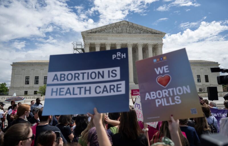 Demonstrators rally in support of abortion rights at the US Supreme Court in Washington, DC, on April 15, 2023.