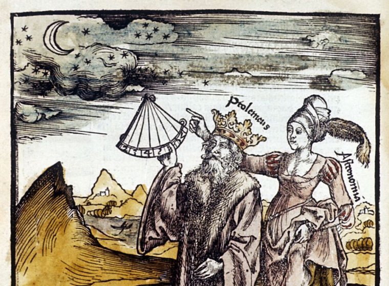 Image of a man holding an instrument to the sky, directed to do so by a woman.