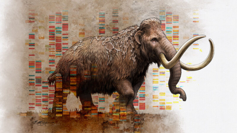 Artist's view of a mammoth superimposed over DNA sequencing data.