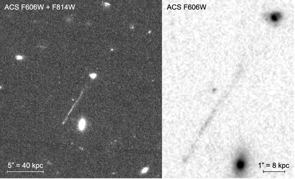 The line (center in both images) appears to have originated in the galaxy at upper right at two different wavelengths.