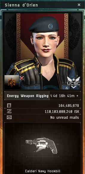 Player card for Sienna d'Orion, the original CEO of <em>Eve Online</em>'s EHEXP.