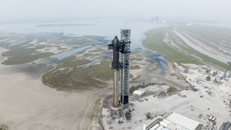 Starship is seen stacked on top of the Super Heavy rocket on April 5, 2023.