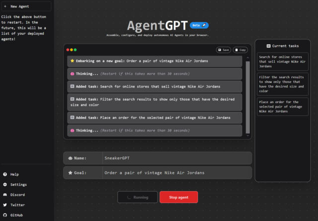 لقطة شاشة لـ AgentGPT ، استنادًا إلى Auto-GPT ، ينفذ مهمة محاولة شراء زوج عتيق من أحذية Air Jordan.