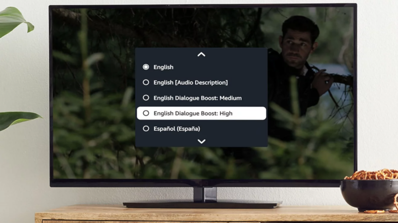 A TV showing Dialogue Boost audio options on-screen