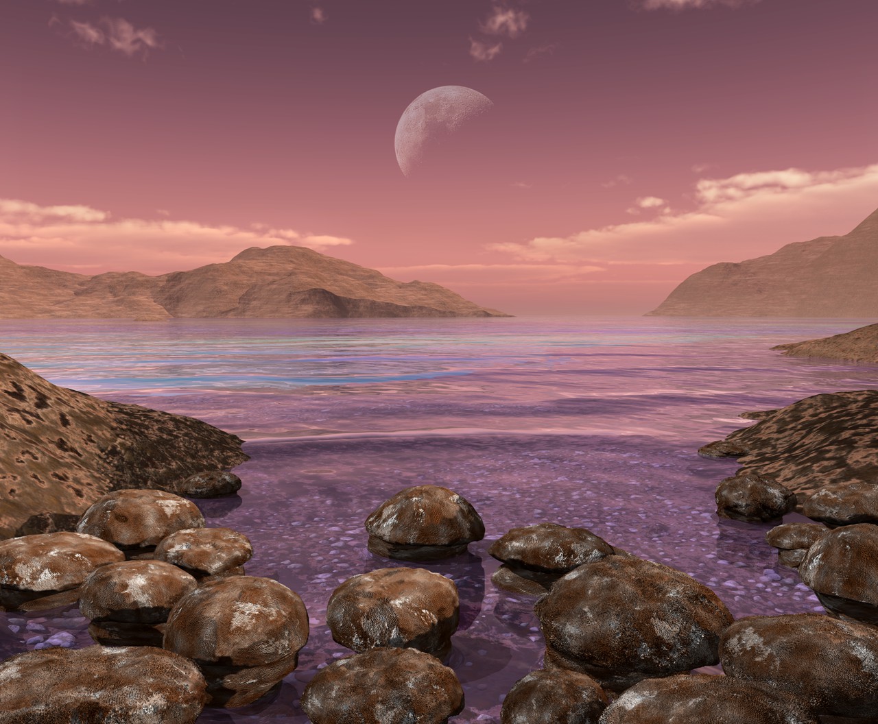 Artist’s reconstruction of Earth before oxygen: microbial hummocks under a methane-tinged sky 3 billion years ago.