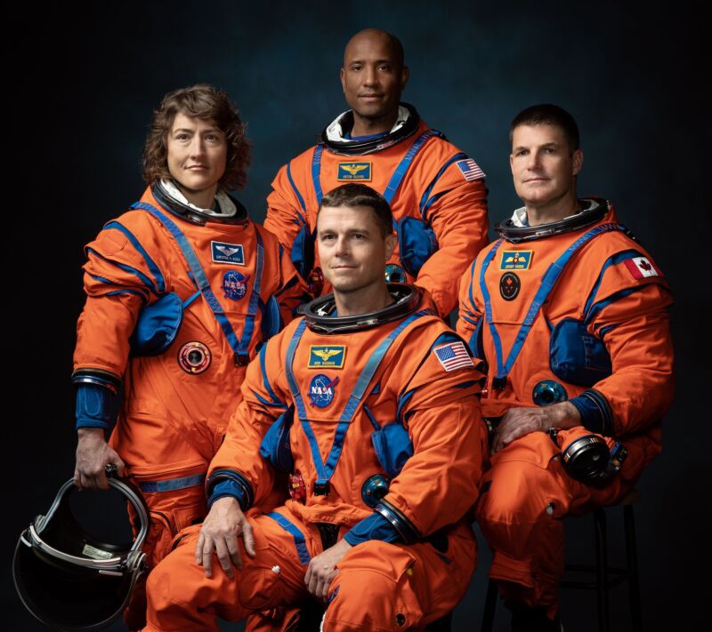 NASA astronauts Reid Wiseman (bottom), Victor Glover (top), and Christina Hammock Koch (left), and CSA astronaut Jeremy Hansen (right) were announced Monday as the crew of Artemis II.