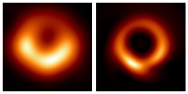 M87 supermassive black hole originally imaged by the EHT collaboration in 2019 (left); and new image generated by the PRIMO algorithm using the same data set (right).