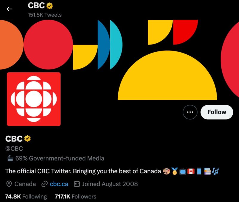 Screenshot of the CBC's Twitter account with the label