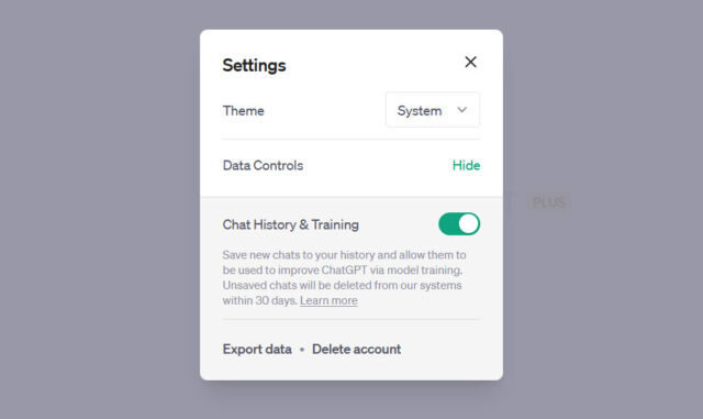 A screenshot of the ChatGPT settings showing 