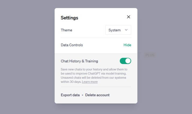 ChatGPT settings screenshot showing the 