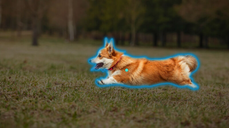 Uma demonstração do modelo sendo executado na foto de um cachorro da raça corgi, correndo com as quatro patas elevadas sobre um gramado. O cachorro tem uma linha azul contornando seu corpo todo, mostrando onde o sistema fez a seleção.