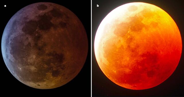 (a) Una luna oscura durante un eclipse lunar sugiere una gran cantidad de aerosoles volcánicos en la atmósfera de la Tierra.  (b) Una luna rojiza brillante sugiere que los aerosoles volcánicos son escasos.