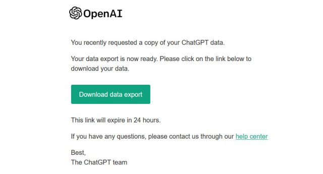 Una captura de pantalla de un correo electrónico de OpenAI que proporciona un enlace al historial de conversaciones de ChatGPT exportado.