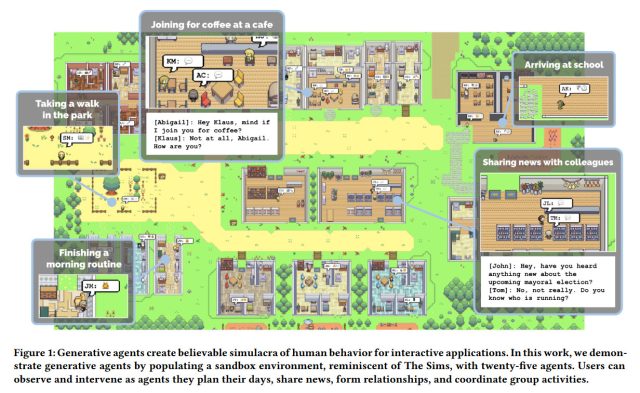 Examples of interactions in Smallville from the <em>Generative Agents</em> paper.