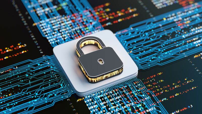 Digital illustration showing a padlock on top of computer circuit boards.