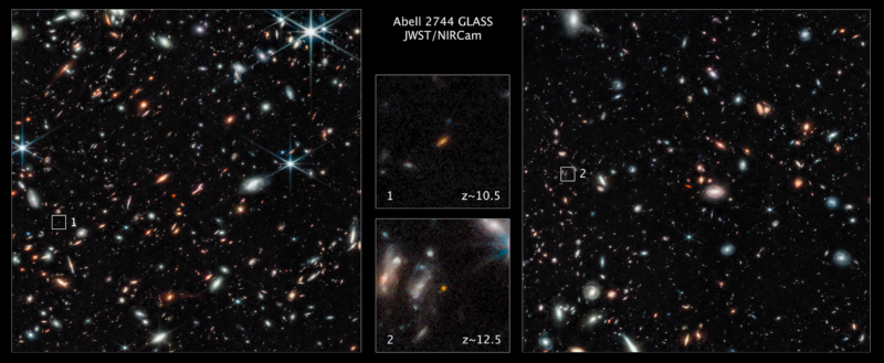 Two images of the distant universe, with insets showing early galaxies.