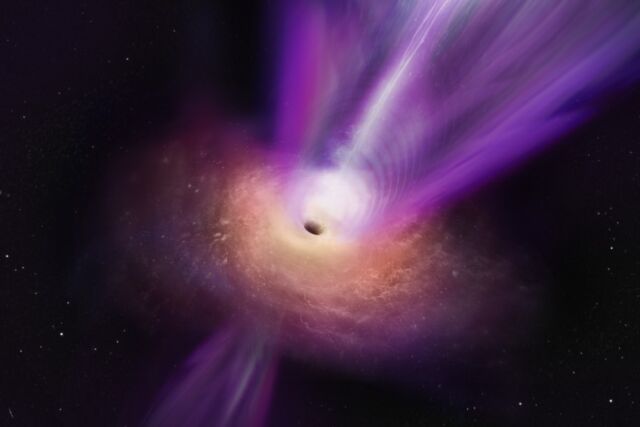 Wetenschappers die de compacte radiokern van M87 volgen, hebben nieuwe details ontdekt over het superzware zwarte gat van de melkweg.  In de opvatting van deze kunstenaar zien we de jet van het superzware zwarte gat opstijgen vanuit het centrum van het zwarte gat.