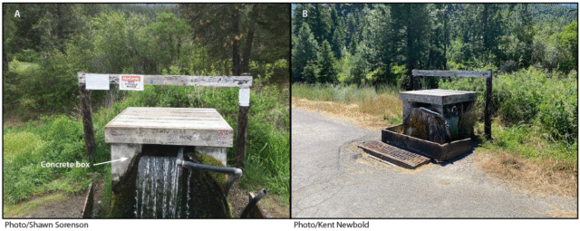 CIFRA.  Punto de riego A, antes de cualquier intervención (A) y después de que el suministro de agua se cerrara permanentemente (B) — Montana, 2022.