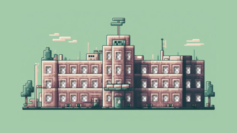 An AI-generated image of a pixel art hospital with empty windows.