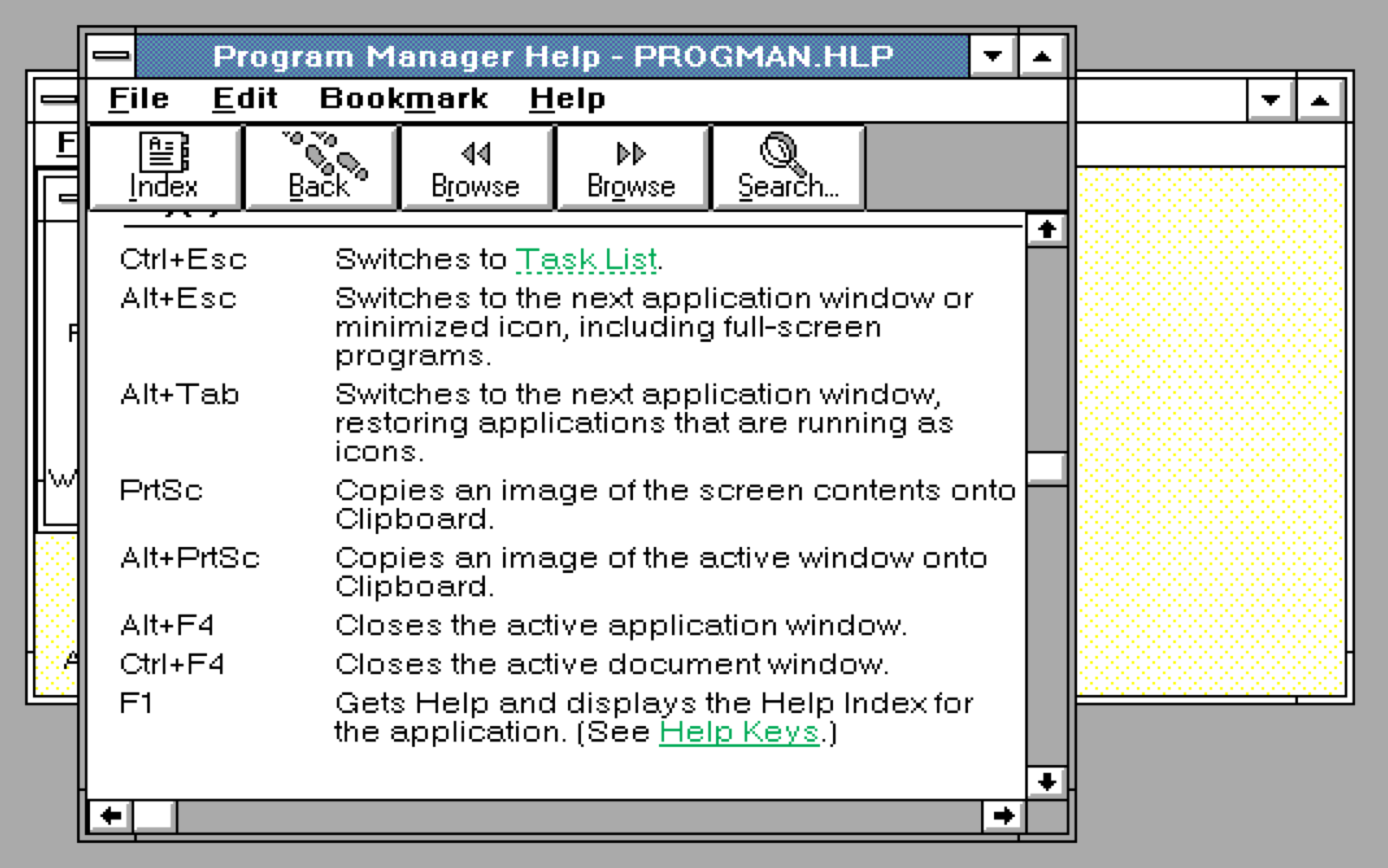 Ventana de ayuda de Windows 3.0, que detalla la función de la tecla Imprimir pantalla. 