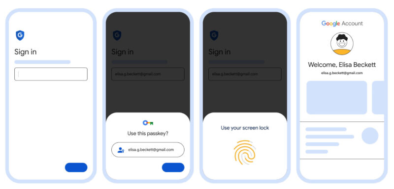 Google says the login flow will go something like this, from left to right: type in your username, pick a passkey, scan a finger. Hopefully your device has biometrics. 