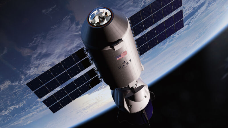 A rendering of a Crew Dragon spacecraft attached to the Haven-1 space station.