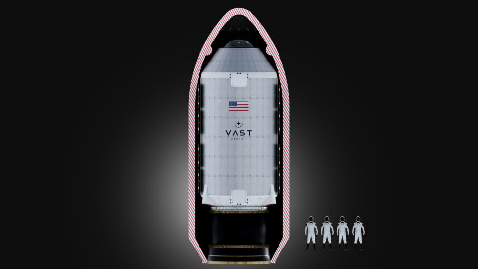 La estación espacial de Vast vista dentro del carenado de carga útil de un Falcon 9. Con personas a escala.