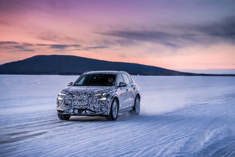 An Audi Q6 e-tron prototype in the snow