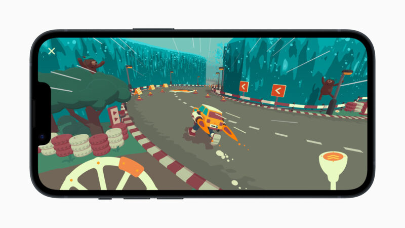An iPhone 14 Pro displaying a low-poly driving game