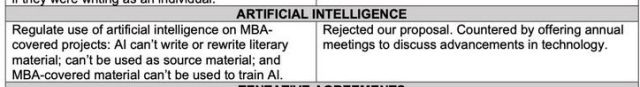 Un extracto de la posición de la WGA sobre la IA, publicado por el novelista Hari Kunzru y varios otros en Twitter.  MBA significa "Acuerdo Básico Mínimo," el nombre del contrato colectivo de trabajo del sindicato.