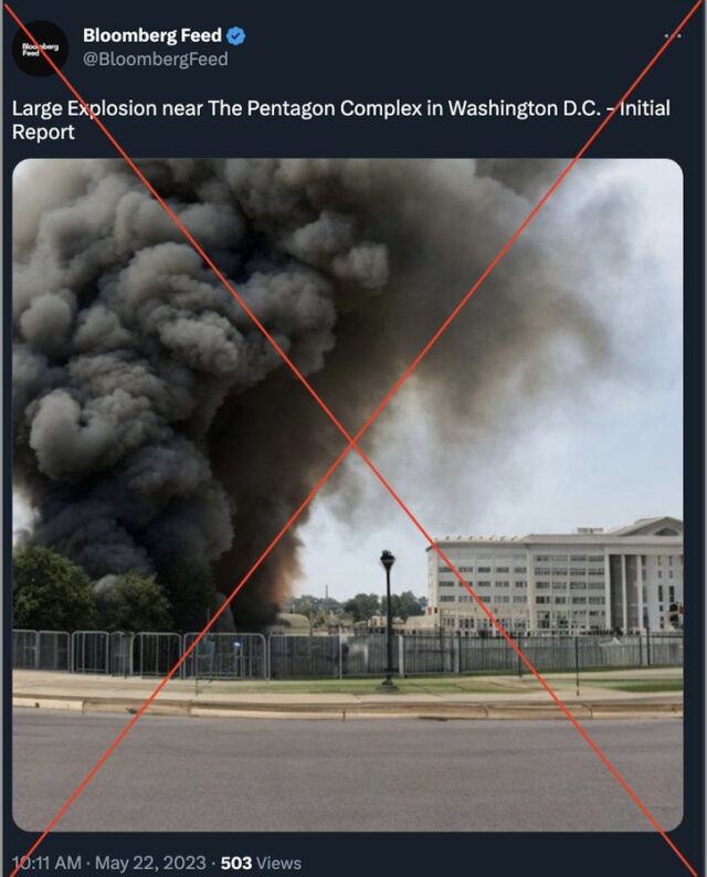 A screenshot of the "Bloomberg Feed" tweet about the reported explosion near the Pentagon that was later confirmed to be fake.