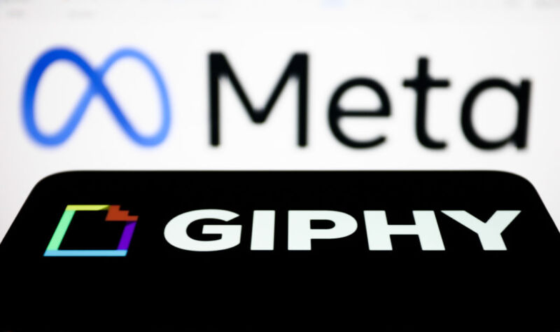 Giphy logo displayed on a phone screen and Meta logo displayed on a laptop screen