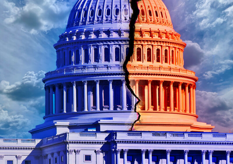 Image of a fractured US capital building, highlighted in red and blue.