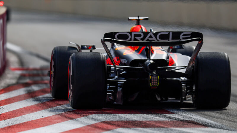 The rear of the Red Bull RB19 Formula 1 car on the track in Baku