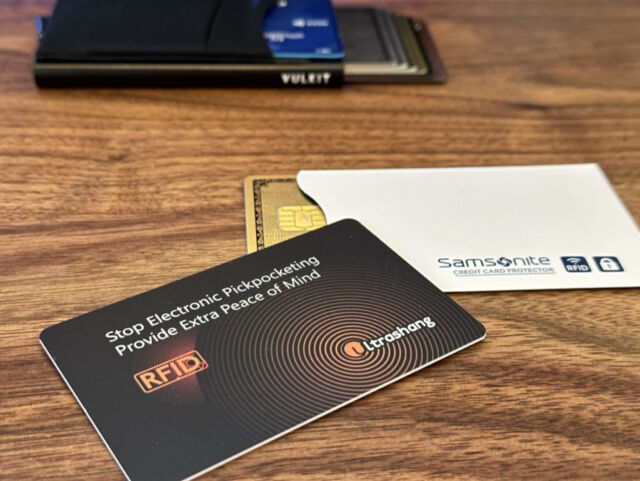 Card sleeves with RFID-blocking tech to protect credit cards.