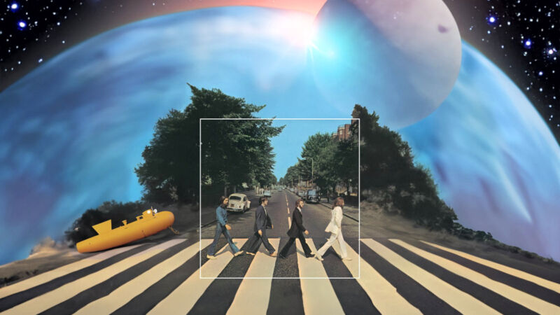 An AI-expanded version of a famous album cover involving four lads and a certain road created using Adobe Generative Fill.