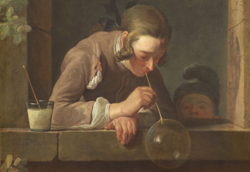 A still life of a boy blowing a bubble by 18th century French painter Jean Simeon Chardin