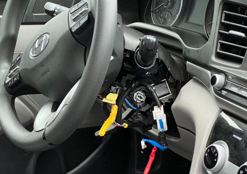 Hyundai with its steering column broken open.