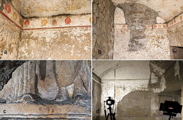 (a) fragments of Greek burial chambers;  (b) Ipogeo dei Melograni;  (c) The Ipogeo dei Togati;  (d) Another chamber described by archaeologist Michele Ruggiero in 1888.