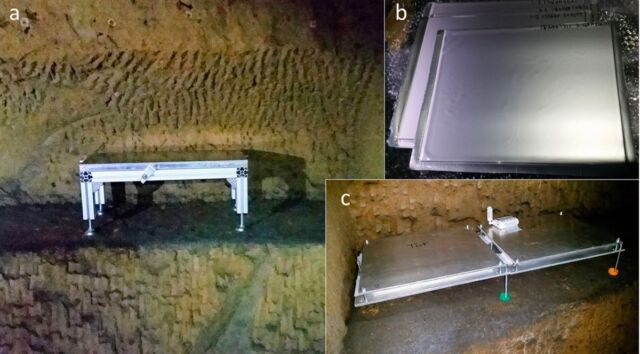 (a, c) The experimental setup with nuclear emulsion detectors.  (b) Close-up of emulsion plates.