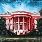 An AI-generated image of the White House in front of a cybernetic background.