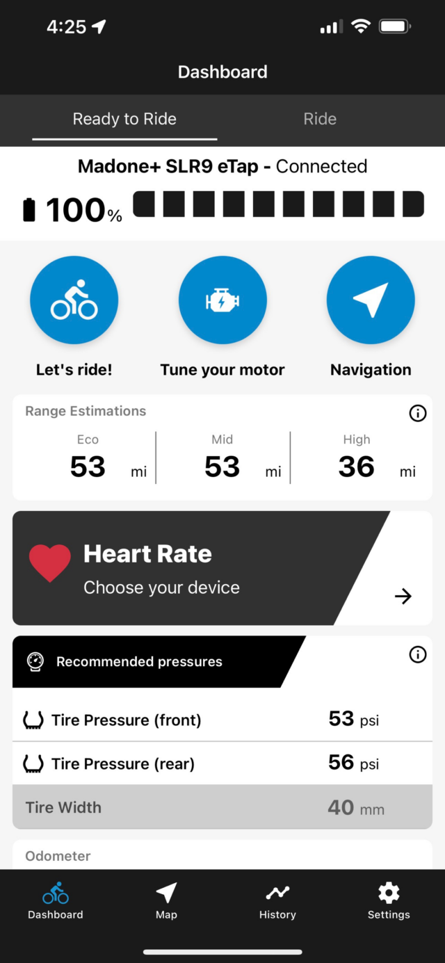 The Dashboard of the Trek Central app. Once you pair the Domane+ SLR9 with your phone, you can configure your ride to your liking.