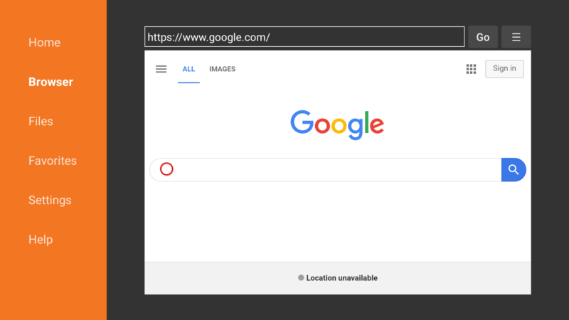 A screenshot of the Google homepage as it appears in Downloader, an Android app with a built-in browser.