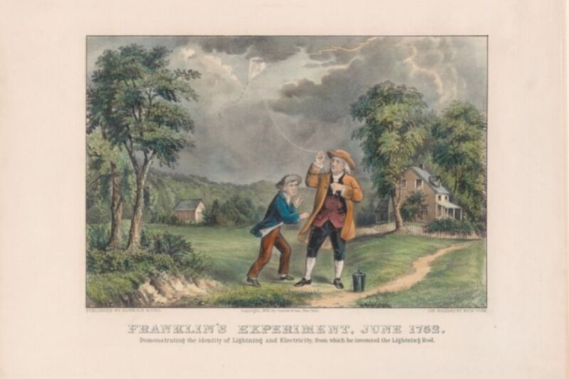 Hand-colored lithograph of Ben Franklin's kite experiment published by Currier & Ives in 1876