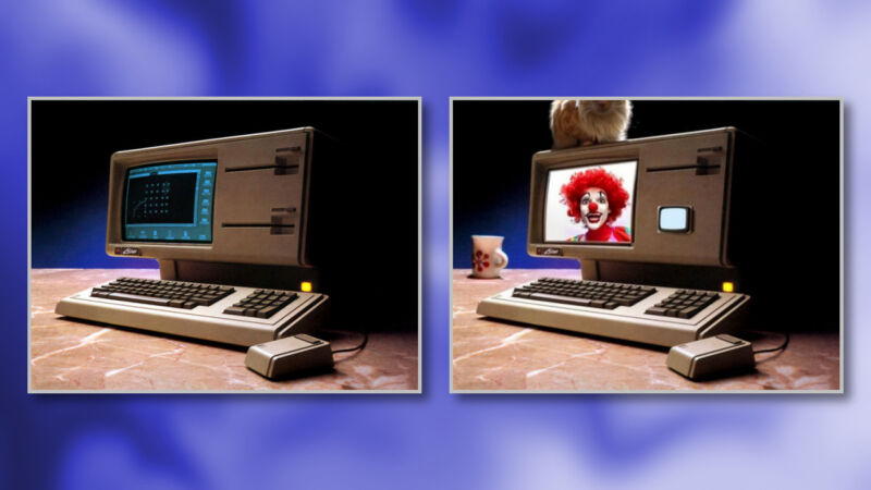Adobe Photoshop beta sürümünde Generative Fill tarafından önemli ölçüde geliştirilmiş Apple Lisa bilgisayarının 1983 tarihli dosya fotoğrafına bir örnek.