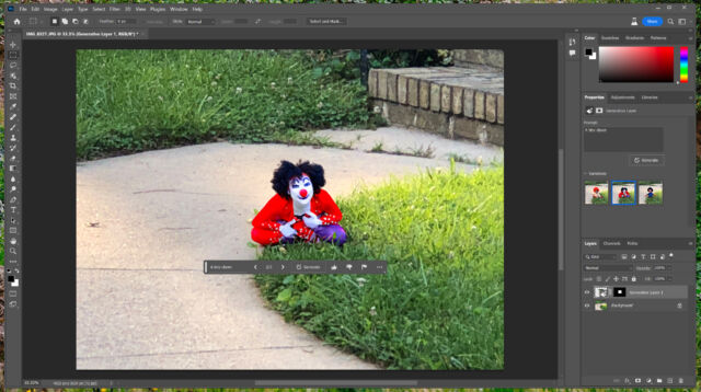 Adobe Photoshop beta'daki eksiksiz Generative Fill arabiriminin bir örneği.