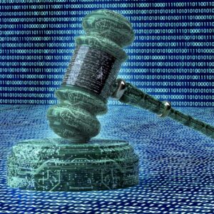 Illustration of a judge's gavel on a digital background resembling a computer circuit board.
